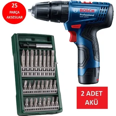 Bosch Darbeli Matkap Çift Akülü Şarjlı Matkap Akülü Vidalama + 25 Parça Vidalama Ucu Seti
