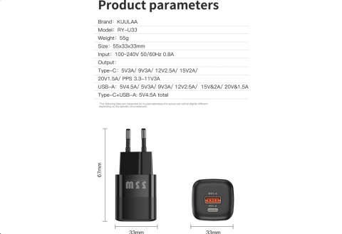 Kuulaa 33W Gan (Type-C + Usb) Hızlı Şarj Cihazı