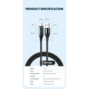 Essager LED 6A Dijital Ekranlı USB To Type-C Hızlı Şarj Kablosu(1 Metre)