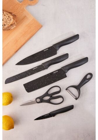 Karaca Black Stone 6 Parça Satır, Makas Ve Soyacaklı Bıçak Seti Siyah